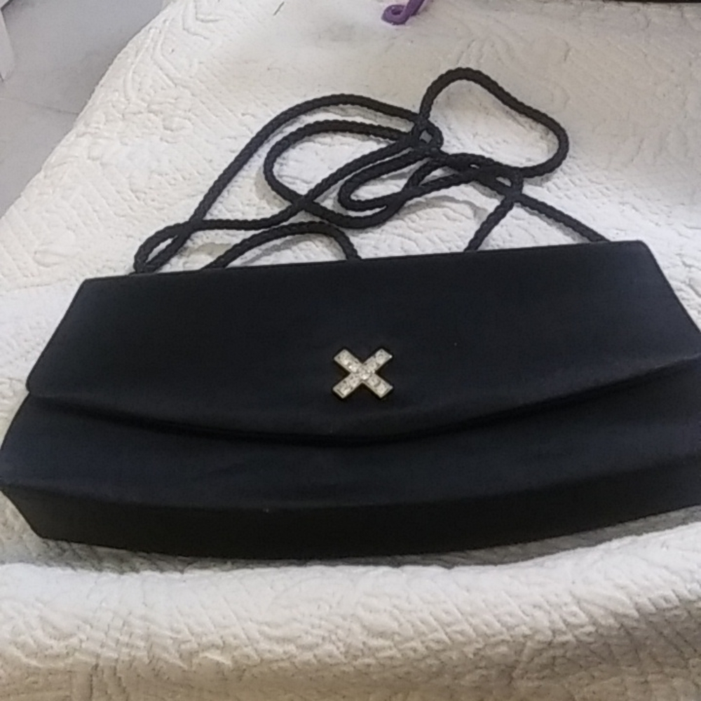 Woman evening clutch black with string shoulder strap decorative snap closure
